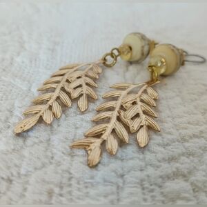 Hand Crafted Gold Leaf Dangle Earrings Handmade Ceramic Beads Citrine Gemstone